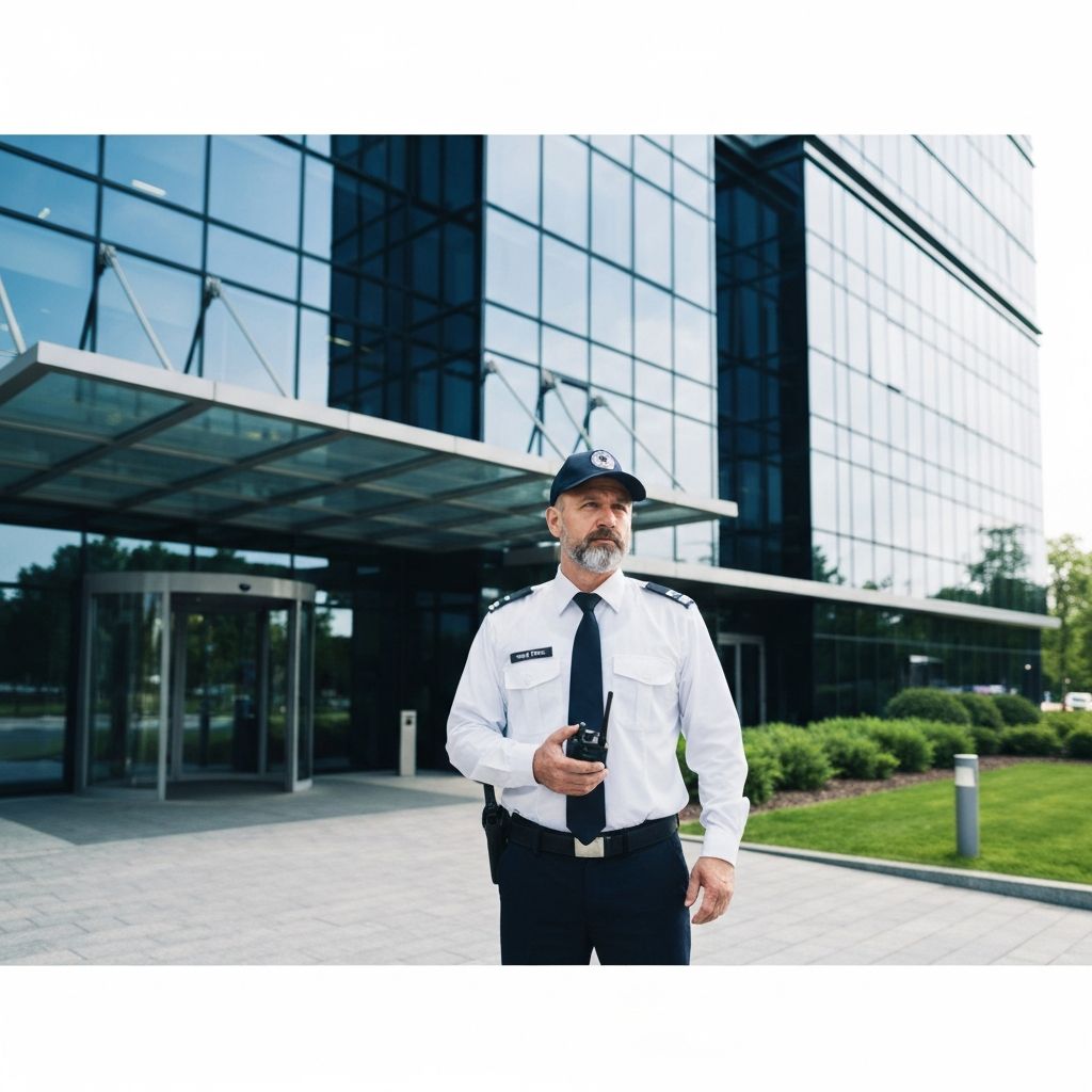 Professional security guard at corporate entrance