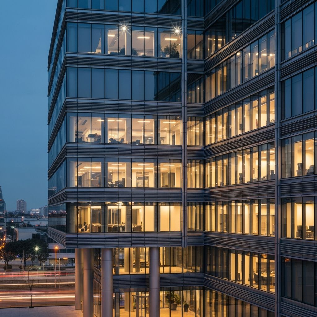 Modern office building with security lighting
