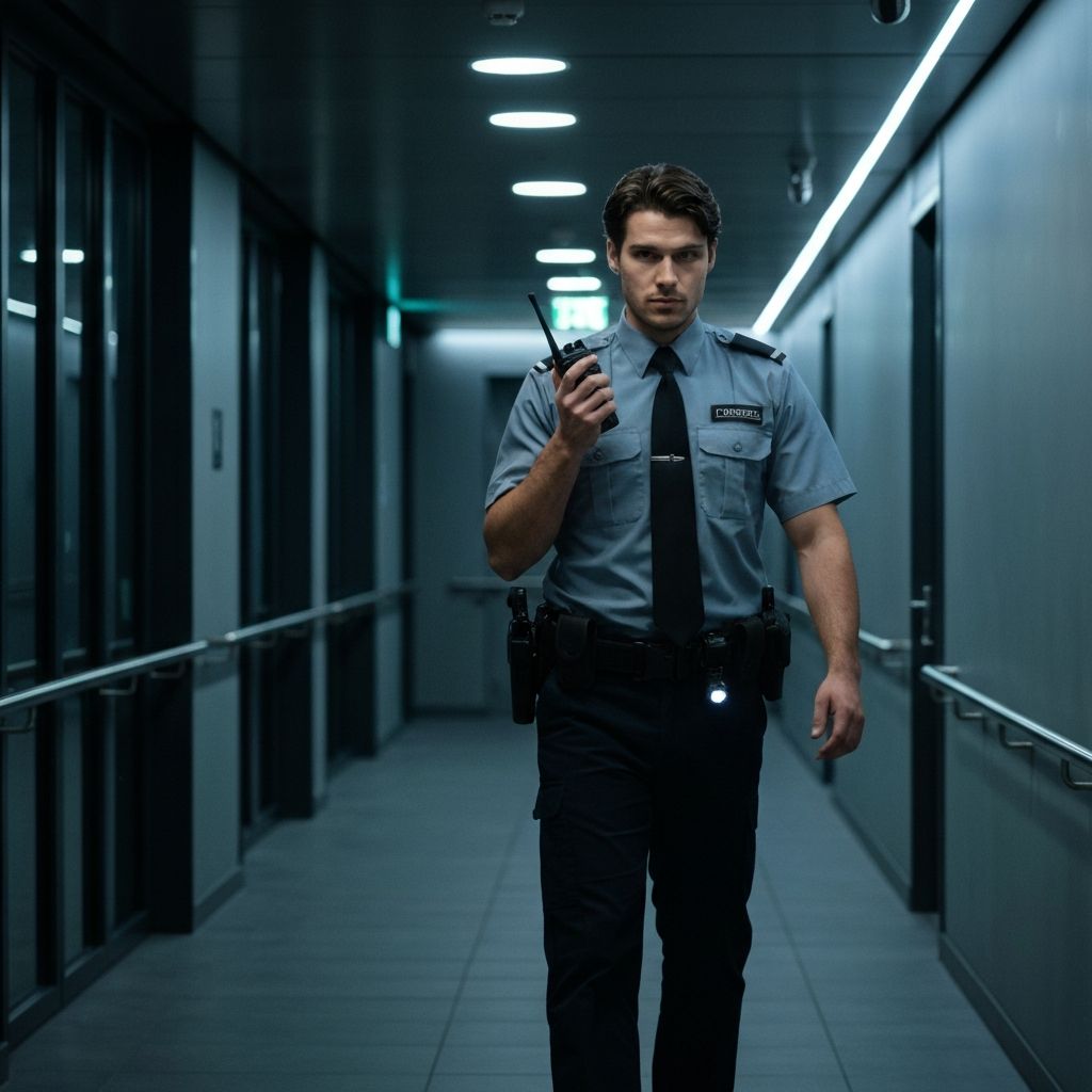 Security patrol in building corridor